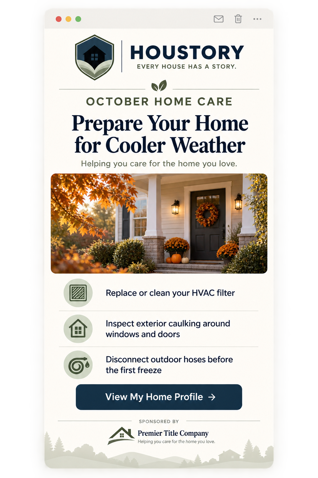 Example Houstory monthly home-care reminder with sponsor attribution