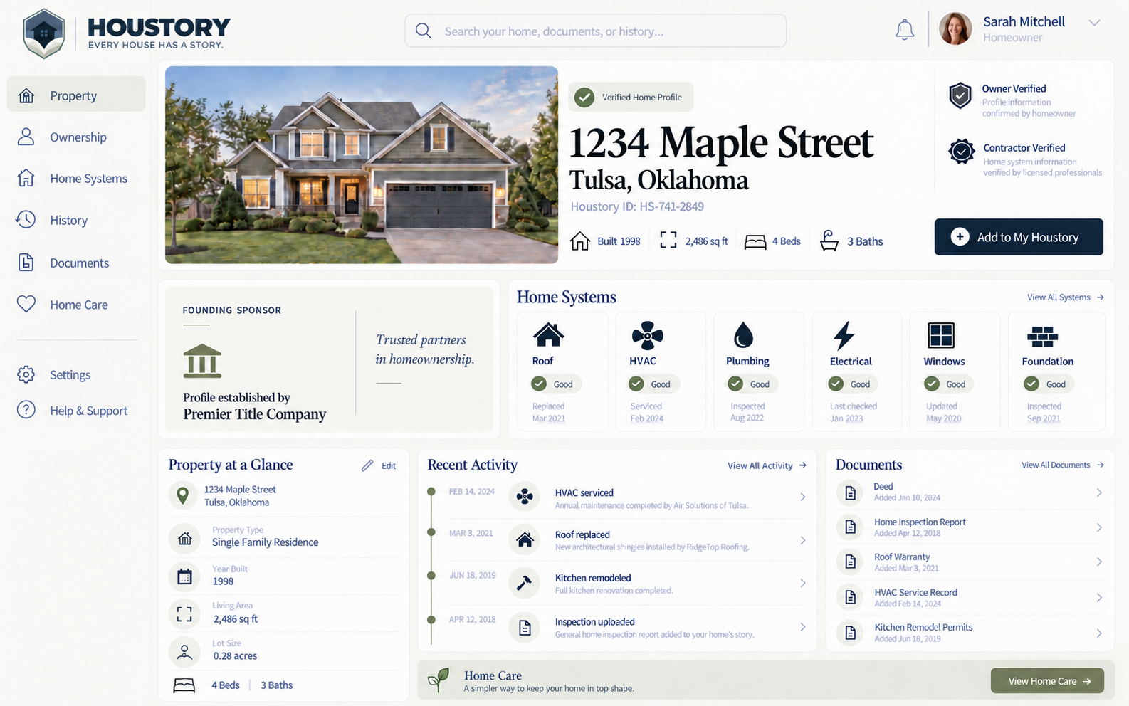Houstory property profile dashboard showing property details, home systems, documents and Founding Sponsor attribution