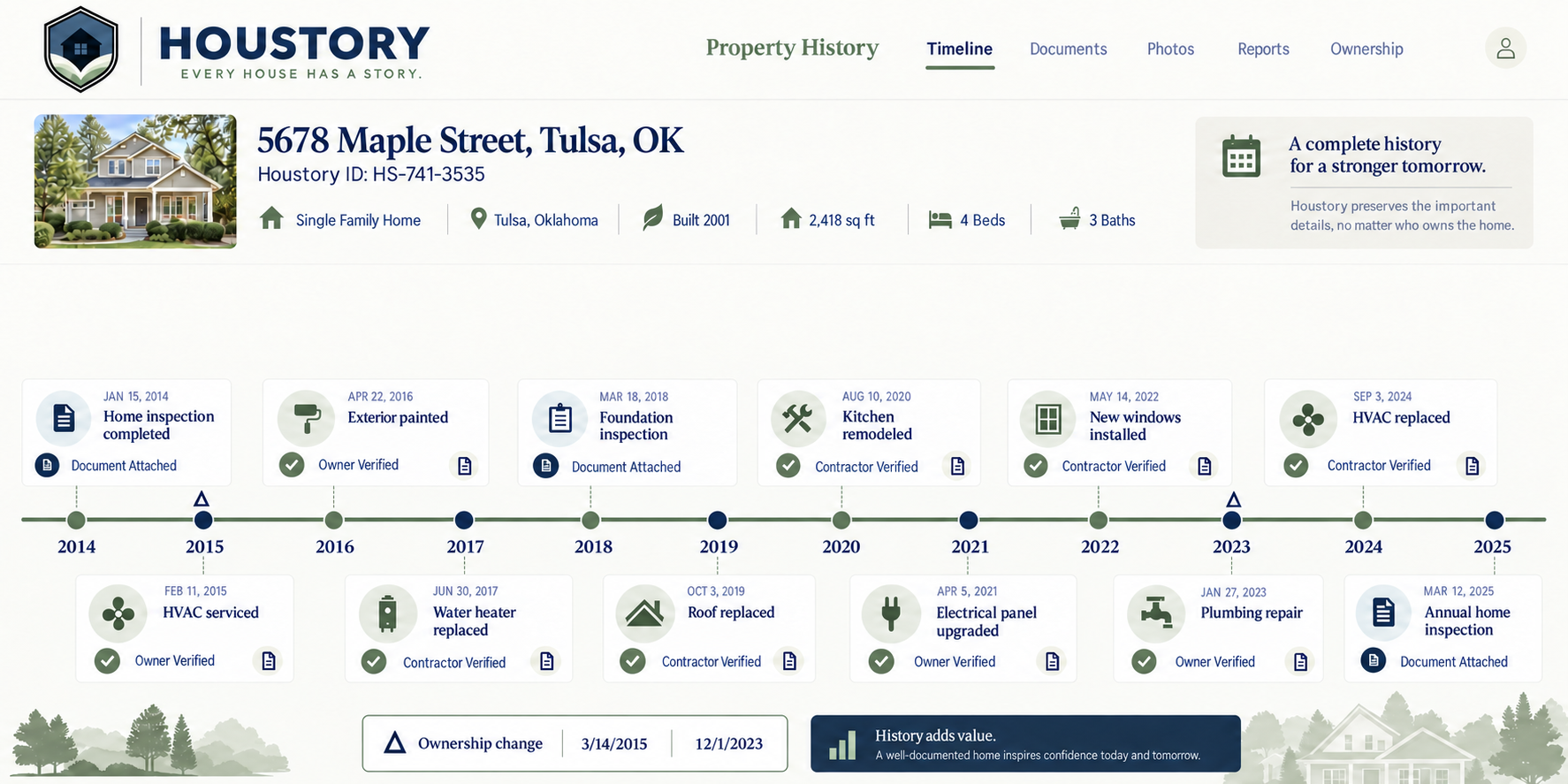 Houstory property timeline showing repairs, maintenance records and ownership changes across multiple years